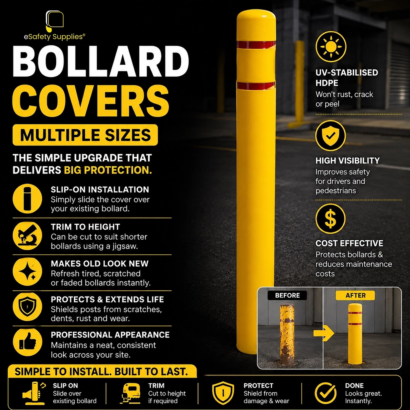 High-visibility yellow HDPE slip-on bollard cover measuring 1350mm tall, designed to fit 90mm to 140mm diameter steel bollards.