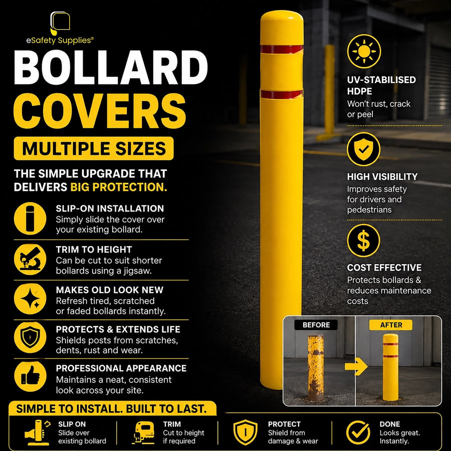 High-visibility yellow HDPE slip-on bollard cover measuring 1350mm tall, designed to fit 90mm to 140mm diameter steel bollards.