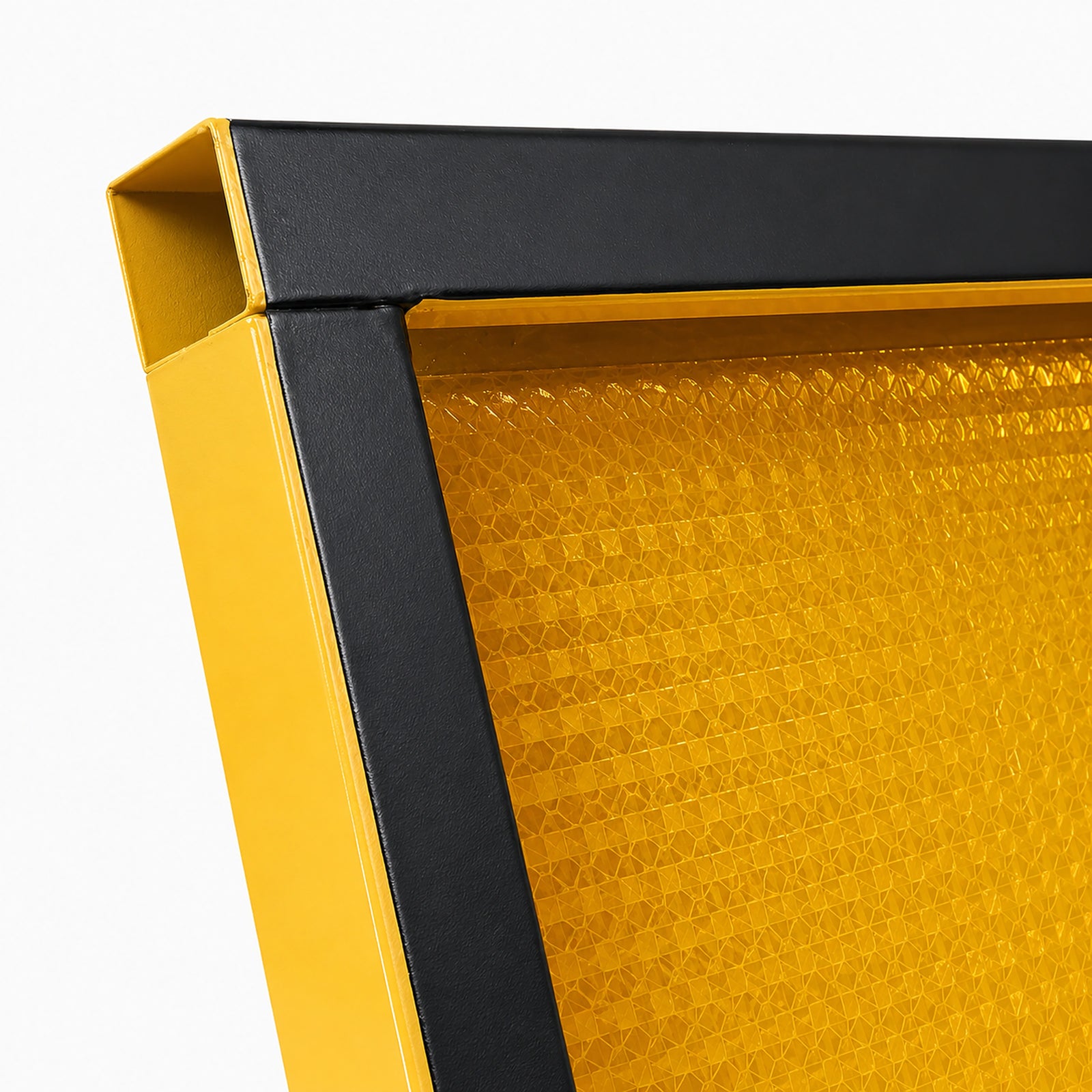 Temporary roadworks traffic sign featuring a high-visibility yellow face mounted on a heavy-duty steel boxed edge frame.