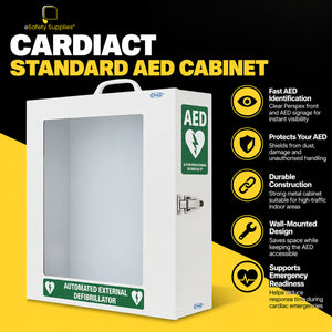 White wall-mounted metal AED storage cabinet with a clear Perspex door window and prominent green emergency defibrillator signage.