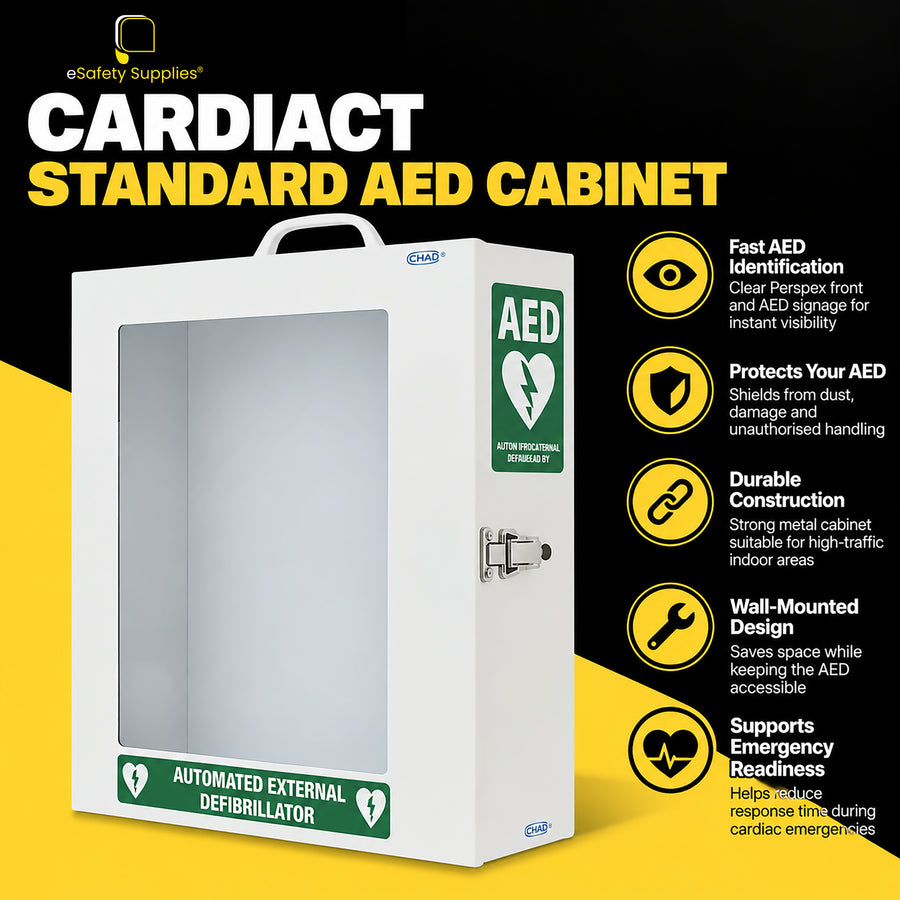 White wall-mounted metal AED storage cabinet with a clear Perspex door window and prominent green emergency defibrillator signage.