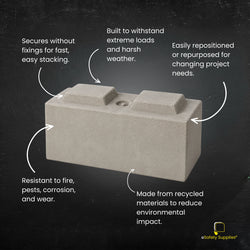 Concrete lego blocks stacked and configured as a material storage bay divider on an industrial site