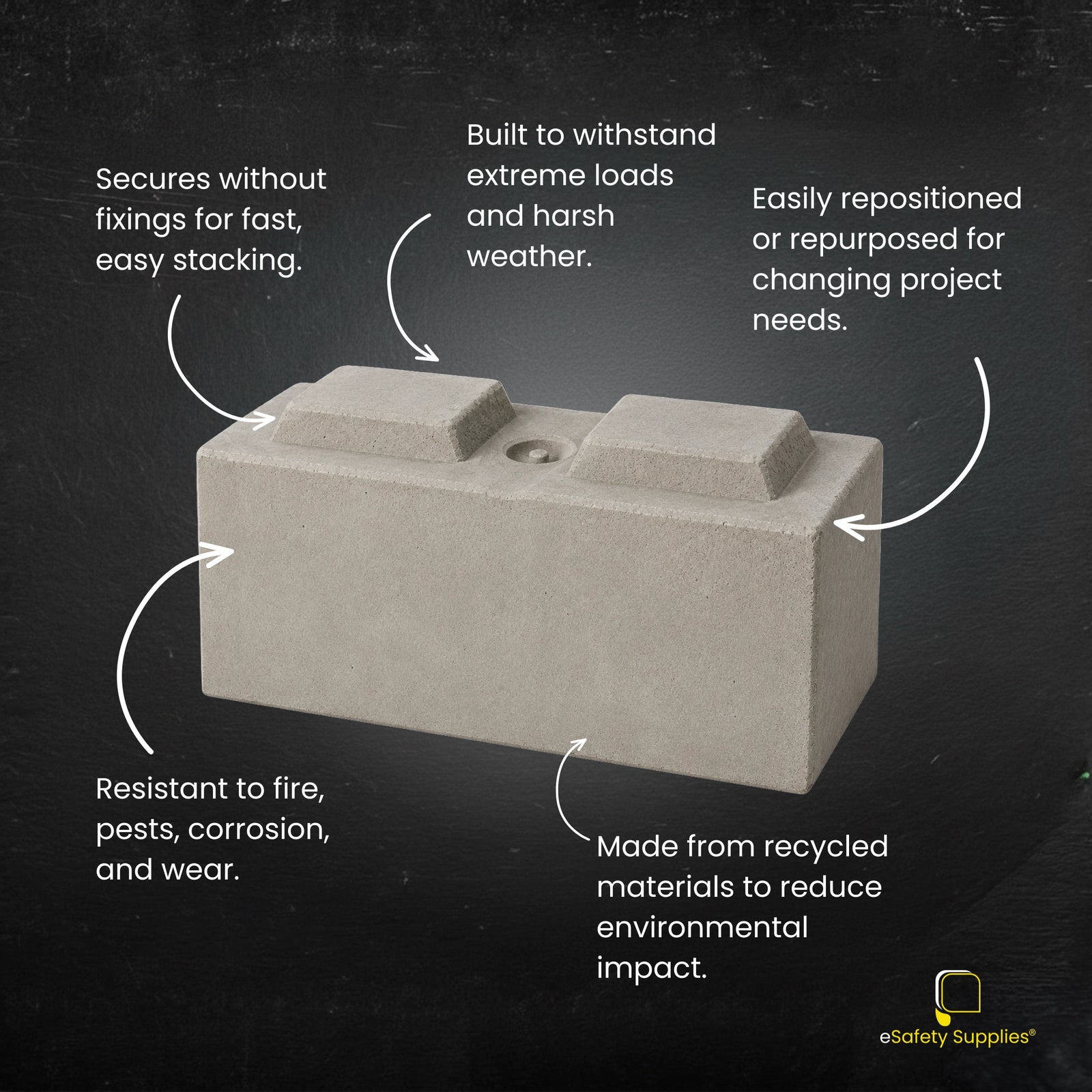 Concrete lego blocks stacked and configured as a material storage bay divider on an industrial site