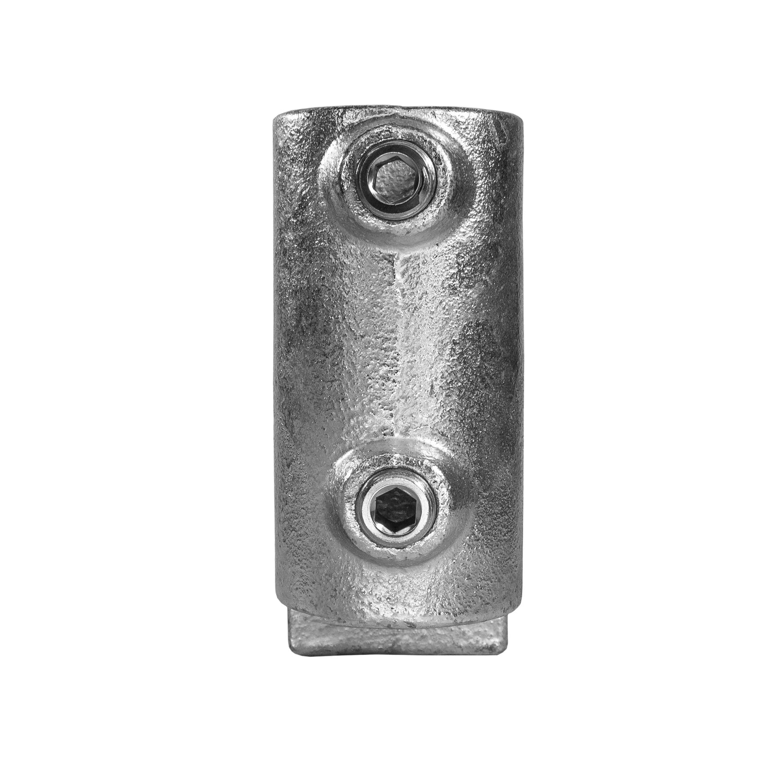 A silver-colored CopeRail 144 Side Vertical Flange, a modular handrail component designed for 48mm OD pipes. The metal fitting features a vertical mounting plate with pre-drilled holes for secure attachment to walls or surfaces.