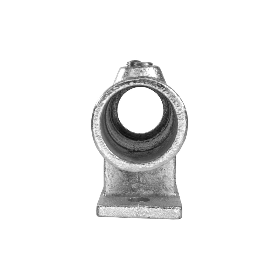 Australian-made CopeRail 144 Side Vertical Flange fitting. This modular component is used to secure double panels and 48mm pipes in warehouse pedestrian safety barriers without the need for welding.