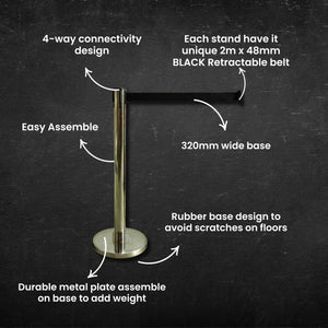 Retractable Belt Barrier Post - Stainless Steel - Black Belt - Pedestrian Crowd Control Barrier