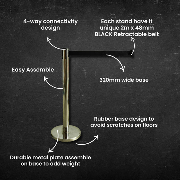 Retractable Belt Barrier Post - Stainless Steel | Black Belt
