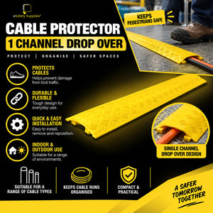 Low-profile black polymer drop-over cable protector featuring a single bottom channel and anti-slip tread pattern.