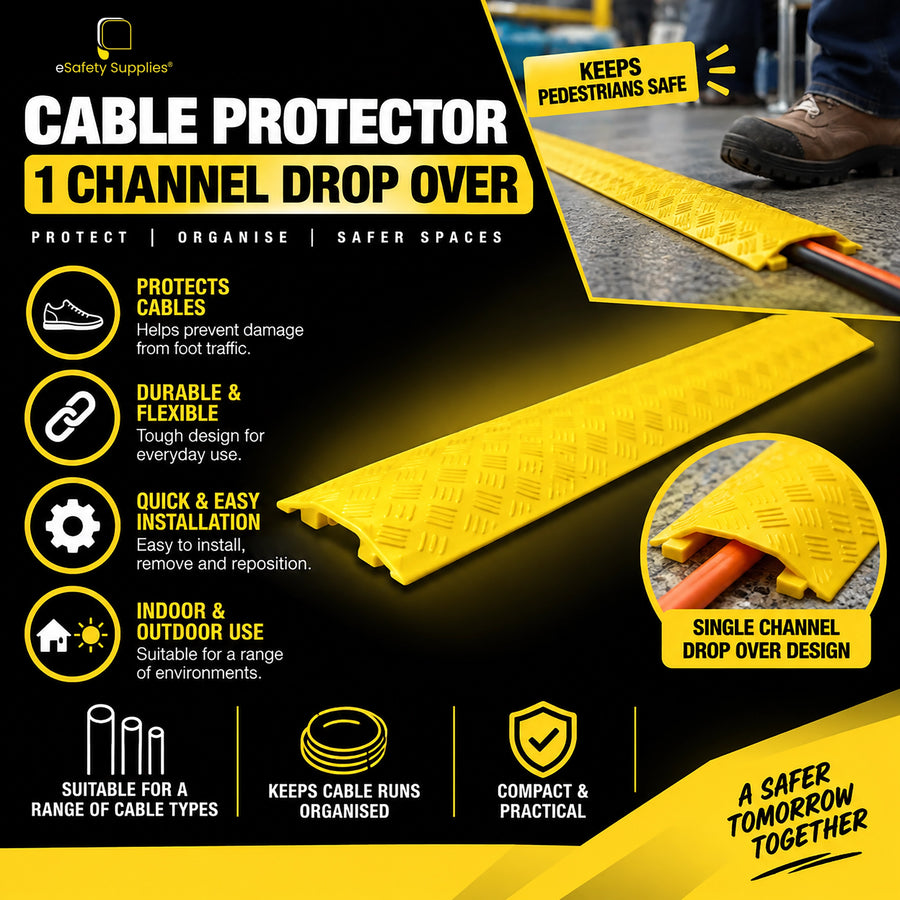 Low-profile black polymer drop-over cable protector featuring a single bottom channel and anti-slip tread pattern.