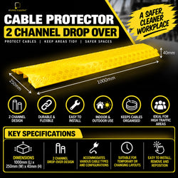 Black 2-channel drop-over rubber cable protector measuring 1000mm x 250mm x 40mm with a textured anti-slip top surface.