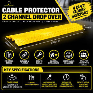 Black 2-channel drop-over rubber cable protector measuring 1000mm x 250mm x 40mm with a textured anti-slip top surface.