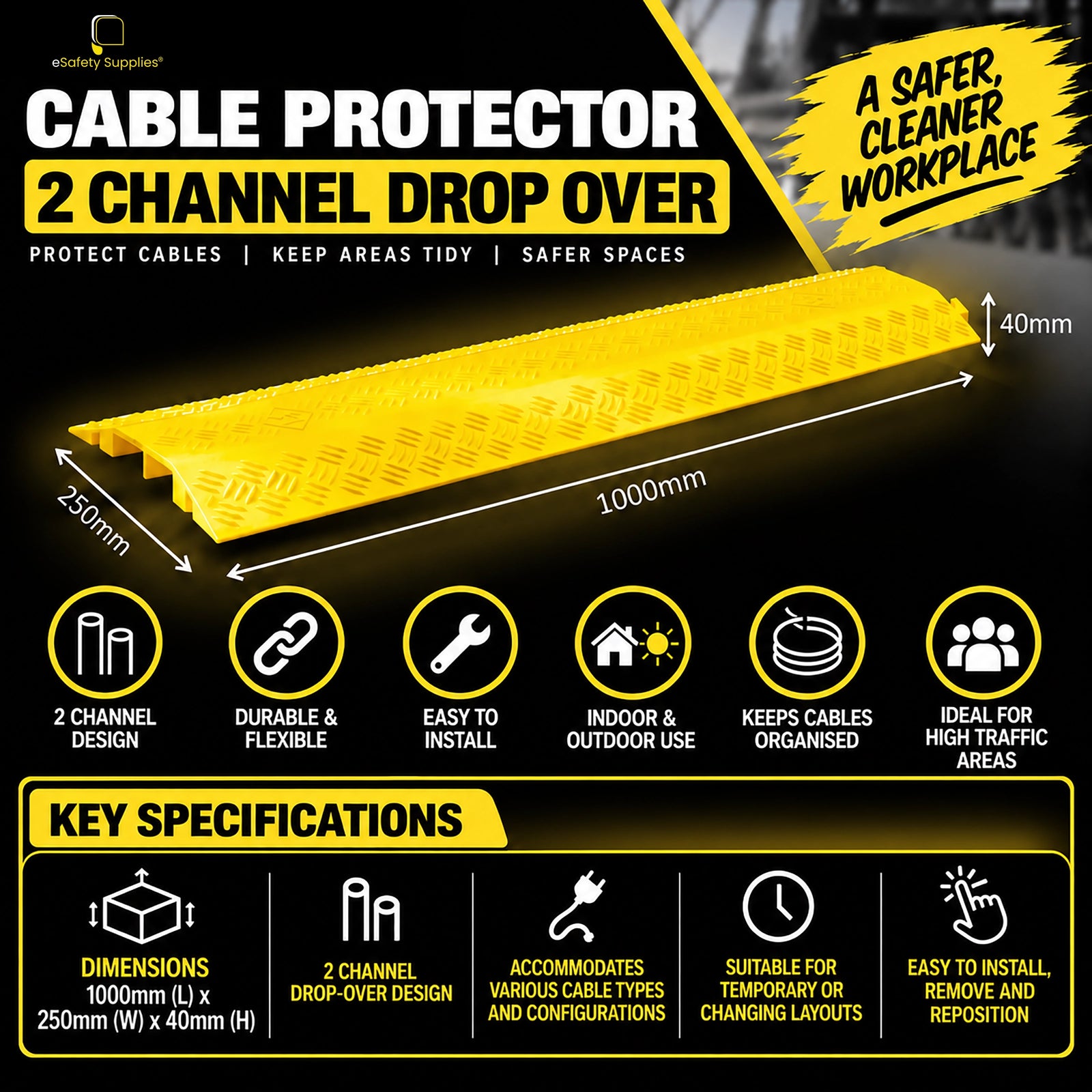 Black 2-channel drop-over rubber cable protector measuring 1000mm x 250mm x 40mm with a textured anti-slip top surface.