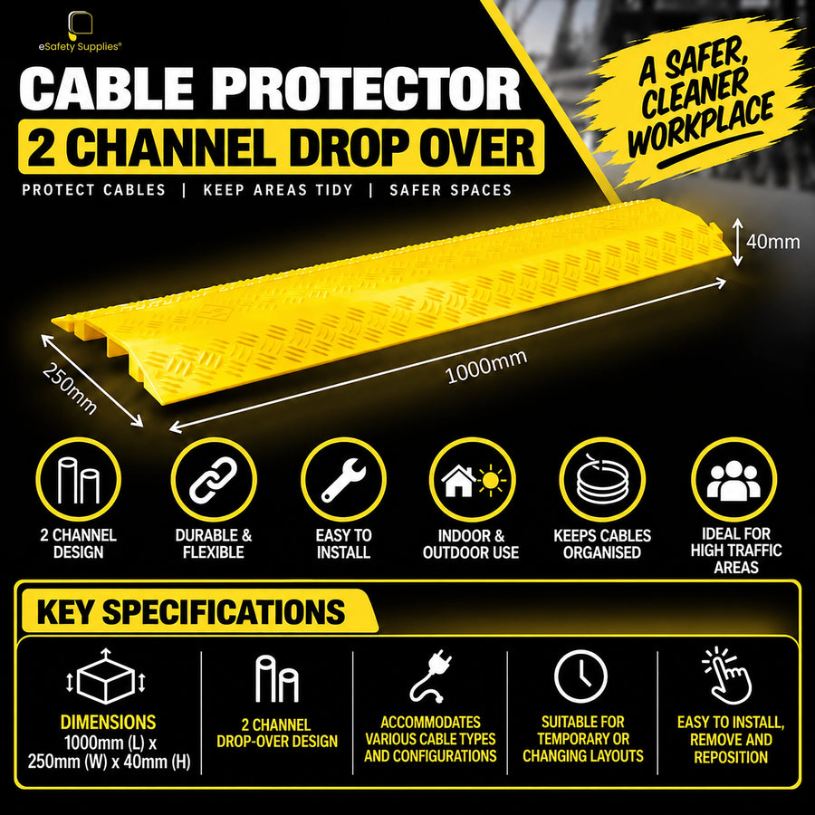 Black 2-channel drop-over rubber cable protector measuring 1000mm x 250mm x 40mm with a textured anti-slip top surface.