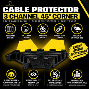 Heavy-duty rubber 3-channel 45-degree corner cable protector with a bright yellow poly lid and non-slip diamond tread.
