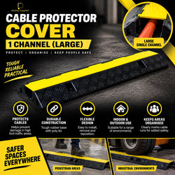 Heavy-duty black rubber 1-channel cable protector with a bright yellow poly lid hinged for top-loading cables.