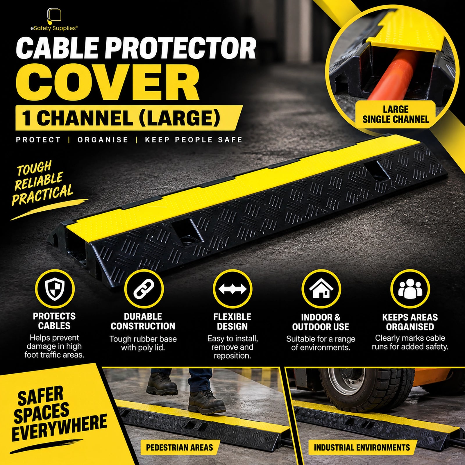 Heavy-duty black rubber 1-channel cable protector with a bright yellow poly lid hinged for top-loading cables.