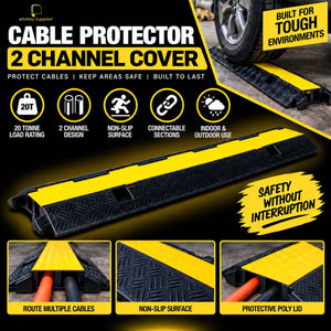 Heavy-duty black rubber 2-channel cable protector with a bright yellow poly lid and non-slip diamond tread.
