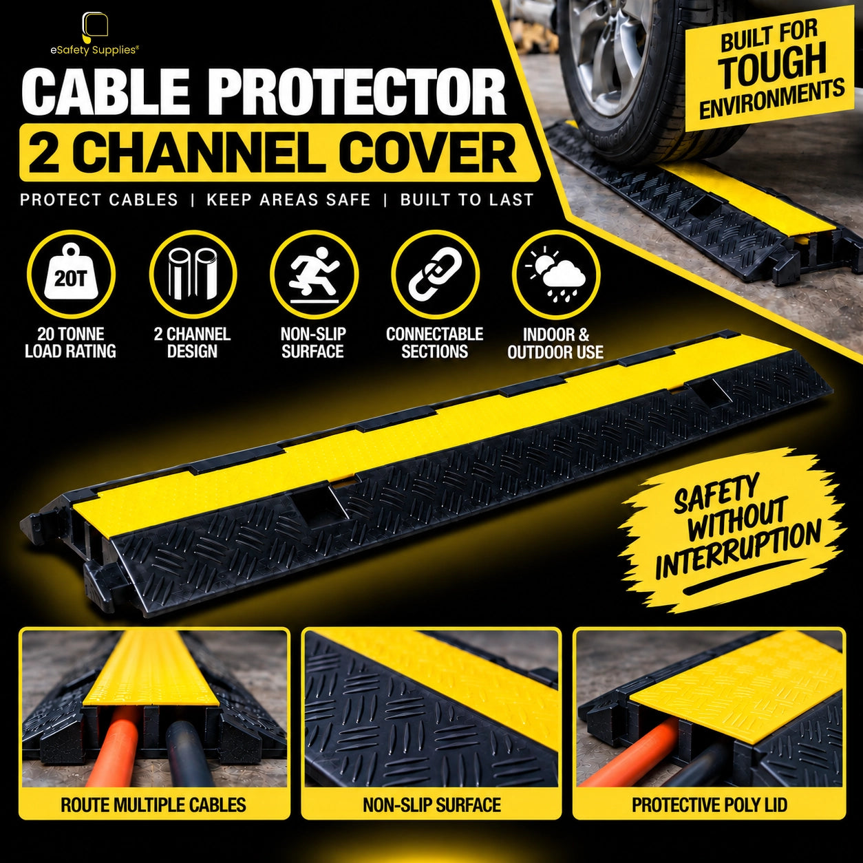 Heavy-duty black rubber 2-channel cable protector with a bright yellow poly lid and non-slip diamond tread.