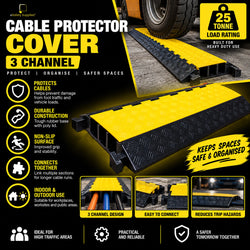 Heavy-duty 3-channel rubber cable protector with a high-visibility yellow poly lid and anti-slip diamond tread surface.