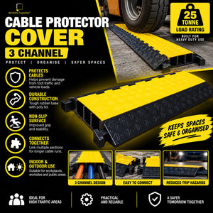 Heavy-duty 3-channel rubber cable protector with a high-visibility yellow poly lid and anti-slip diamond tread surface.