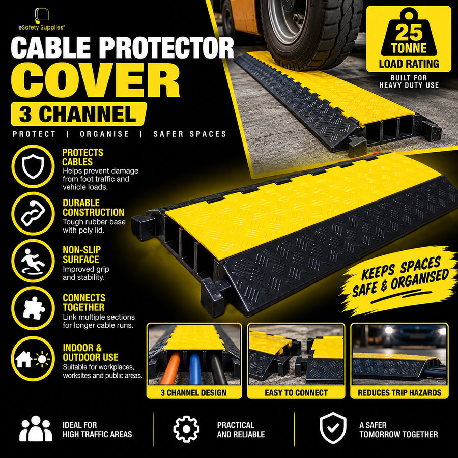 Heavy-duty 3-channel rubber cable protector with a high-visibility yellow poly lid and anti-slip diamond tread surface.