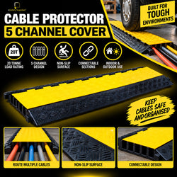 Heavy-duty 5-channel rubber cable protector with a bright yellow poly lid and non-slip diamond tread pattern.