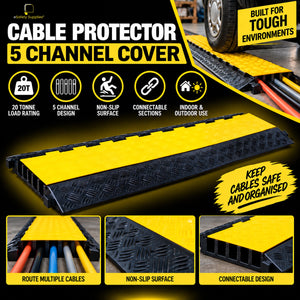 Heavy-duty 5-channel rubber cable protector with a bright yellow poly lid and non-slip diamond tread pattern.