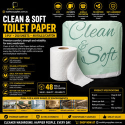 Close-up of a single Clean & Soft 250 Sheet Toilet Roll, highlighting the soft 3-ply embossed tissue pattern.