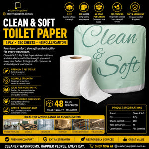 Close-up of a single Clean & Soft 250 Sheet Toilet Roll, highlighting the soft 3-ply embossed tissue pattern.