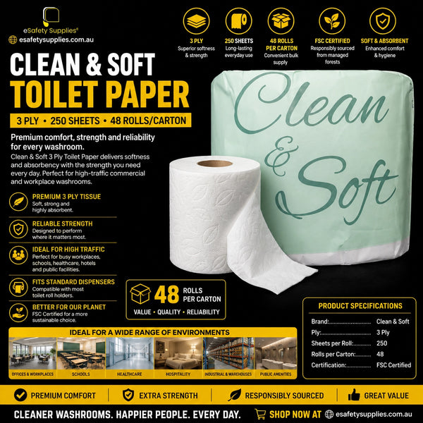 Close-up of a single Clean & Soft 250 Sheet Toilet Roll, highlighting the soft 3-ply embossed tissue pattern.