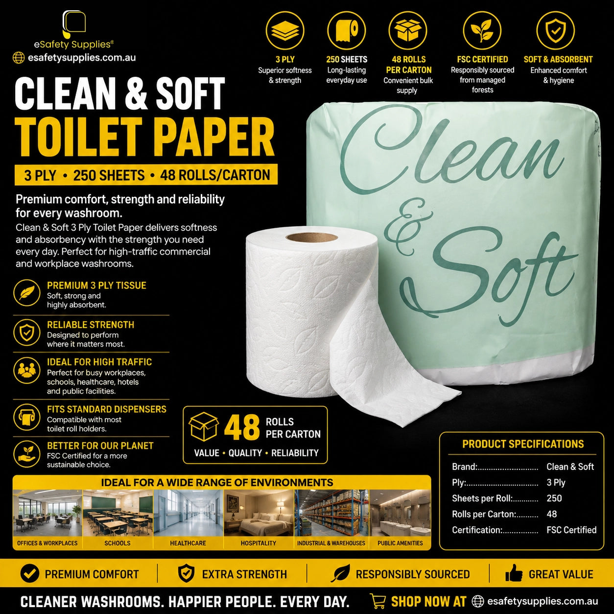 Close-up of a single Clean & Soft 250 Sheet Toilet Roll, highlighting the soft 3-ply embossed tissue pattern.