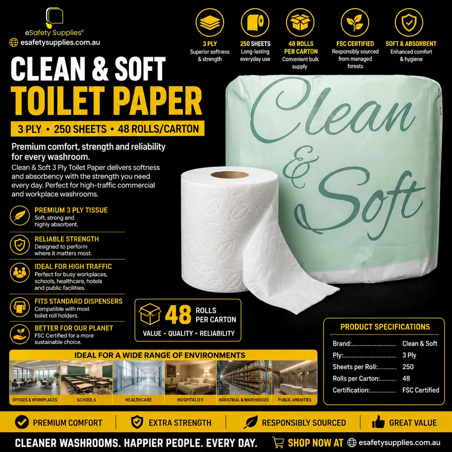 Close-up of a single Clean & Soft 250 Sheet Toilet Roll, highlighting the soft 3-ply embossed tissue pattern.