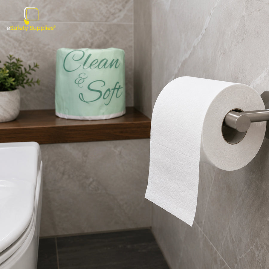 FSC Certified Toilet Paper being restocked into a modern office washroom dispenser, demonstrating commercial amenity management.