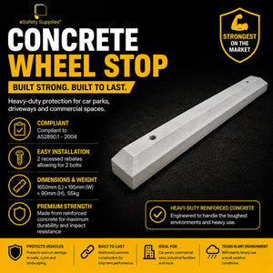 Heavy-duty 1650mm reinforced concrete wheel stop with two pre-drilled recessed fixing holes for parking space installation.