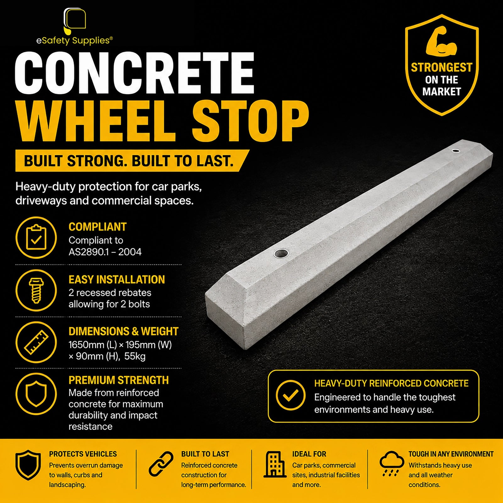 Heavy-duty 1650mm reinforced concrete wheel stop with two pre-drilled recessed fixing holes for parking space installation.