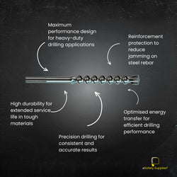 The large-format SDS MAX shank ensures a rigid connection to heavy-duty rotary hammers, delivering maximum energy directly to the carbide tip for efficient drilling in high-density structural concrete.