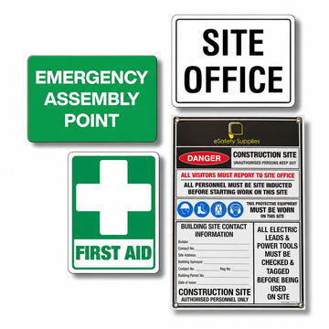 Comprehensive construction site safety sign pack featuring a multi-message site safety sign, emergency assembly point marker, first aid location sign, and site office notice.
