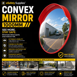 Extra-large 1000mm polycarbonate convex safety mirror with orange casing, providing wide-angle visibility for parking lots and warehouse aisles.