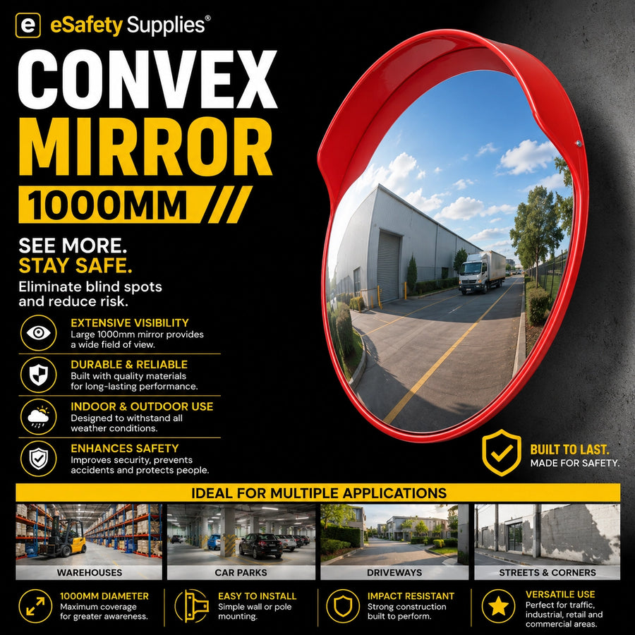 Extra-large 1000mm polycarbonate convex safety mirror with orange casing, providing wide-angle visibility for parking lots and warehouse aisles.