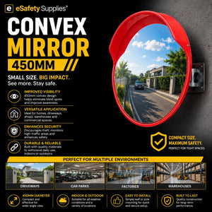 450mm polycarbonate convex safety mirror with orange casing, designed to eliminate blind spots in driveways, retail stores, and workshops.