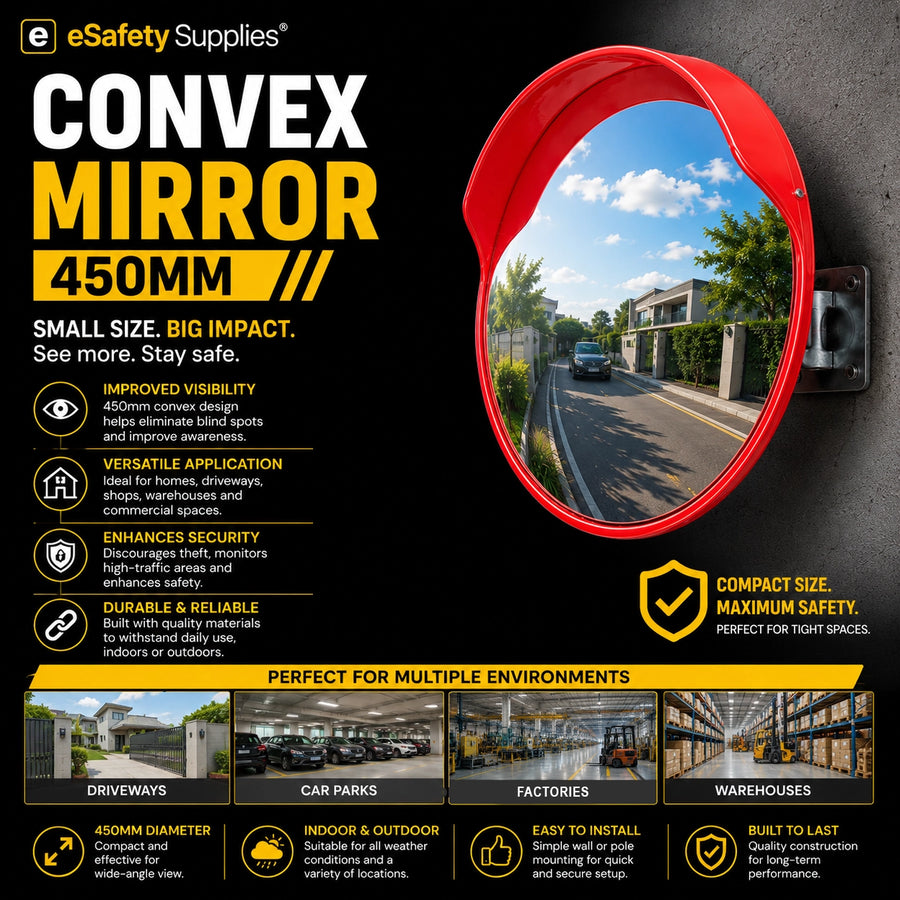 450mm polycarbonate convex safety mirror with orange casing, designed to eliminate blind spots in driveways, retail stores, and workshops.