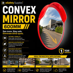 600mm outdoor polycarbonate convex safety mirror with orange casing, mounted to eliminate blind spots in carparks and warehouses.