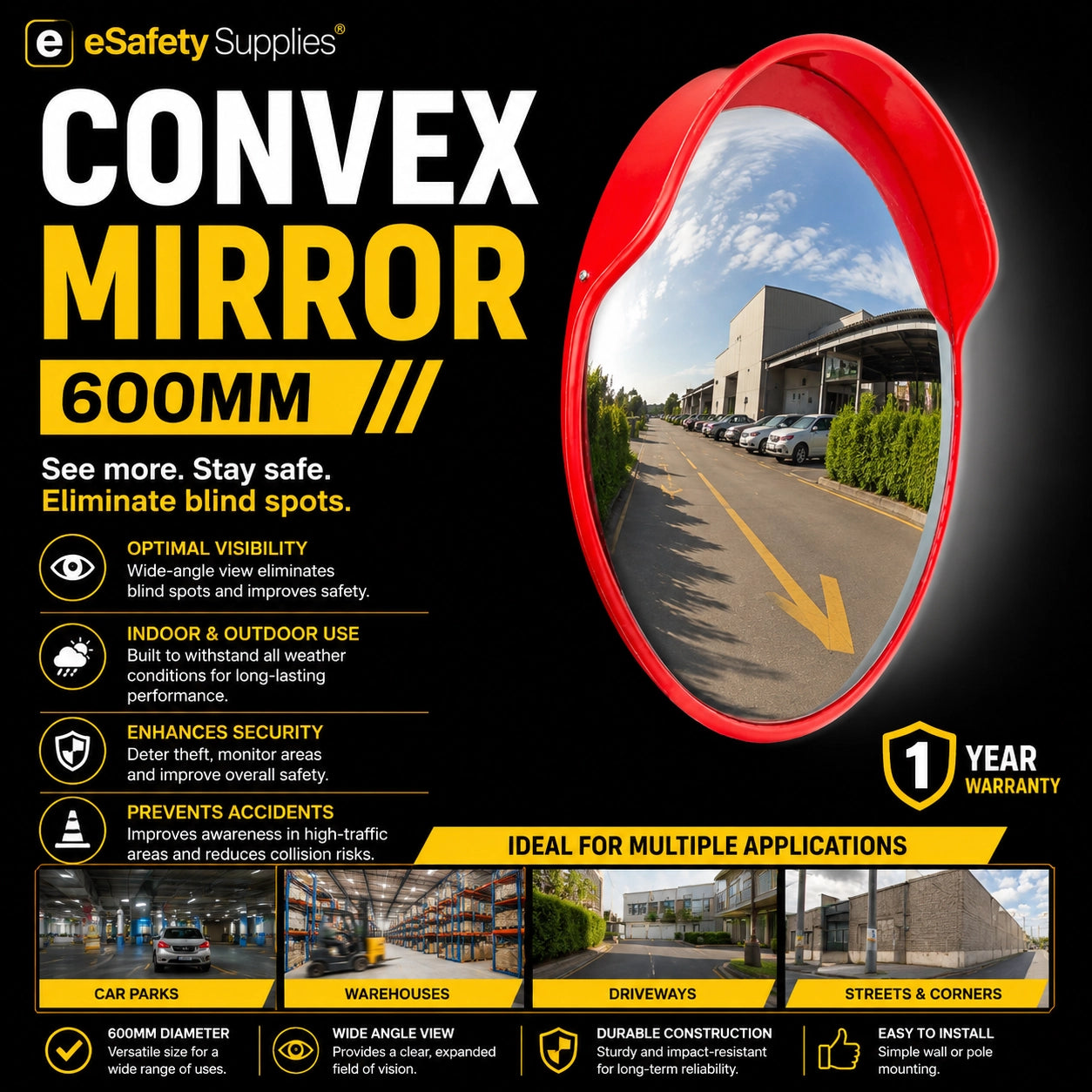 600mm outdoor polycarbonate convex safety mirror with orange casing, mounted to eliminate blind spots in carparks and warehouses.