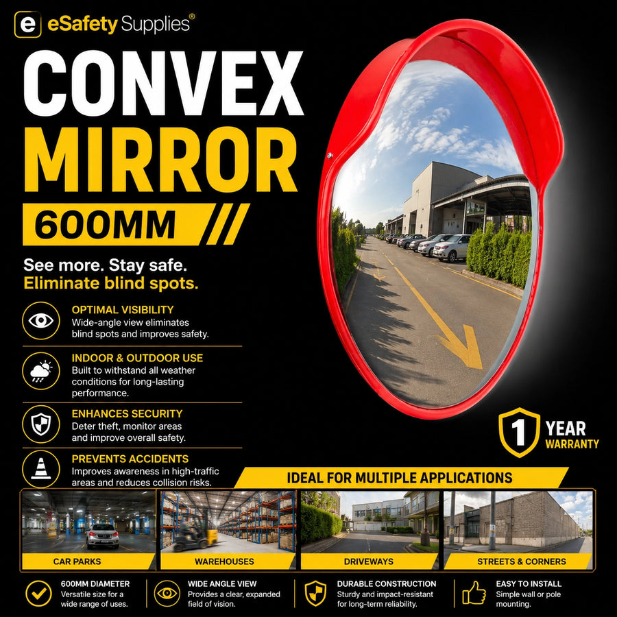 600mm outdoor polycarbonate convex safety mirror with orange casing, mounted to eliminate blind spots in carparks and warehouses.