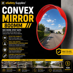 Large 800mm polycarbonate convex safety mirror with orange casing, designed for wide-angle visibility in warehouses and traffic areas.