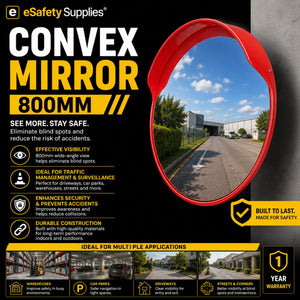 Large 800mm polycarbonate convex safety mirror with orange casing, designed for wide-angle visibility in warehouses and traffic areas.