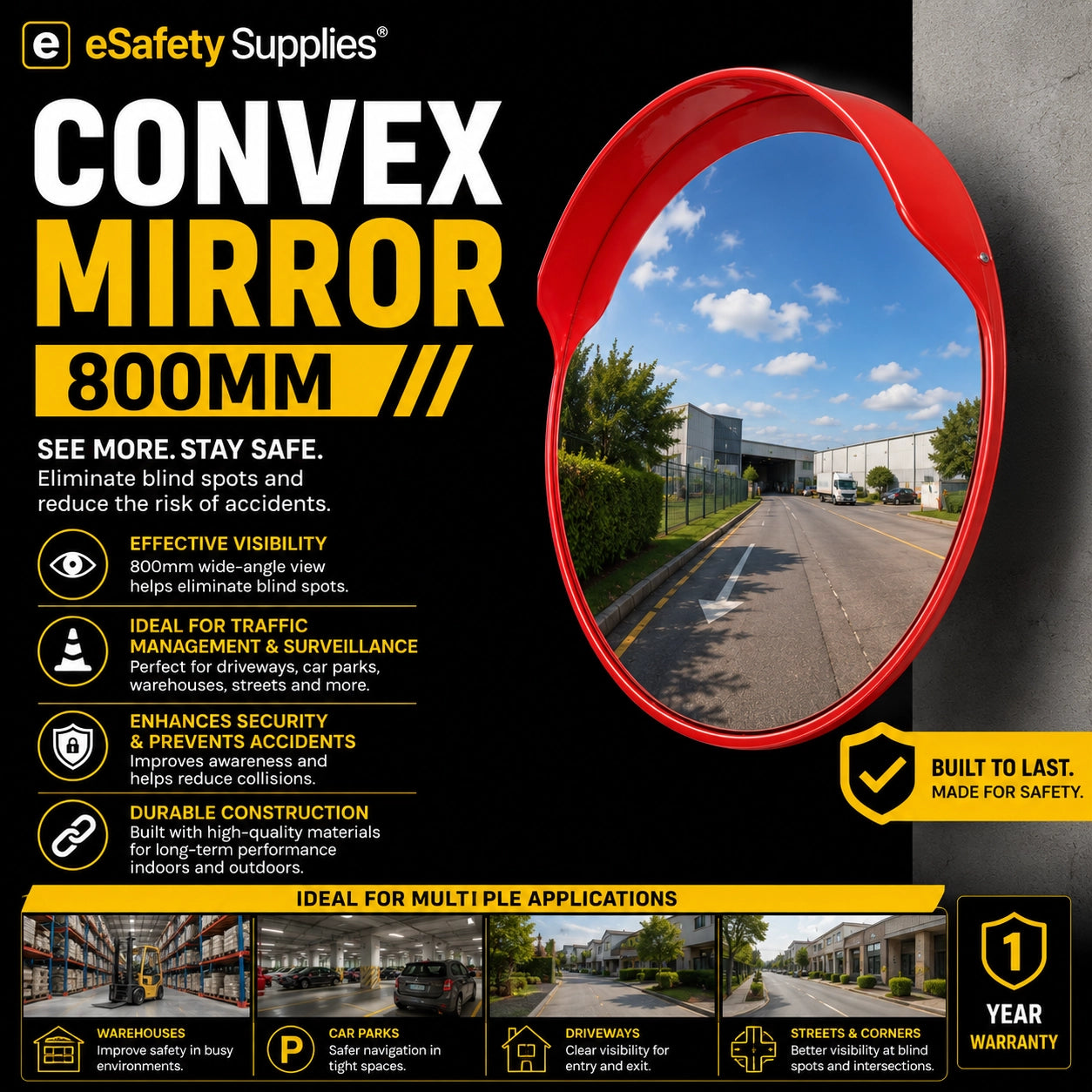 Large 800mm polycarbonate convex safety mirror with orange casing, designed for wide-angle visibility in warehouses and traffic areas.