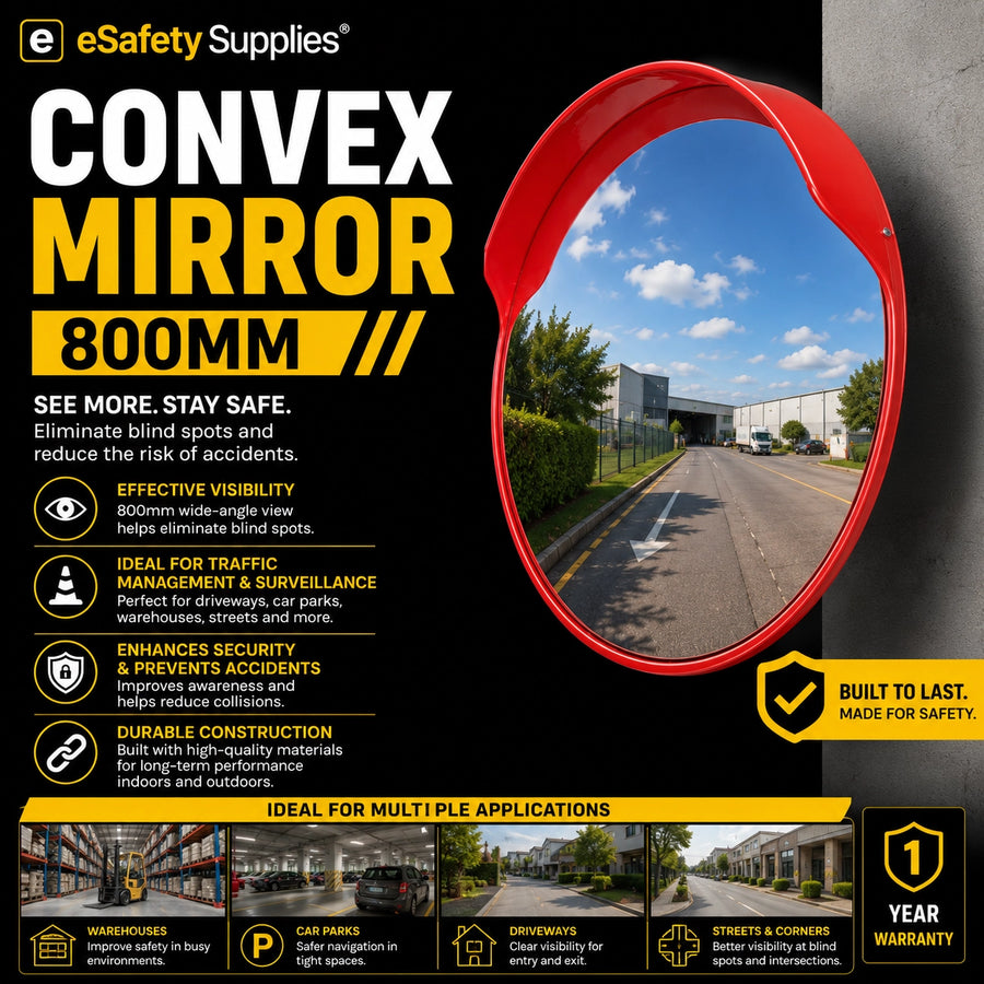 Large 800mm polycarbonate convex safety mirror with orange casing, designed for wide-angle visibility in warehouses and traffic areas.