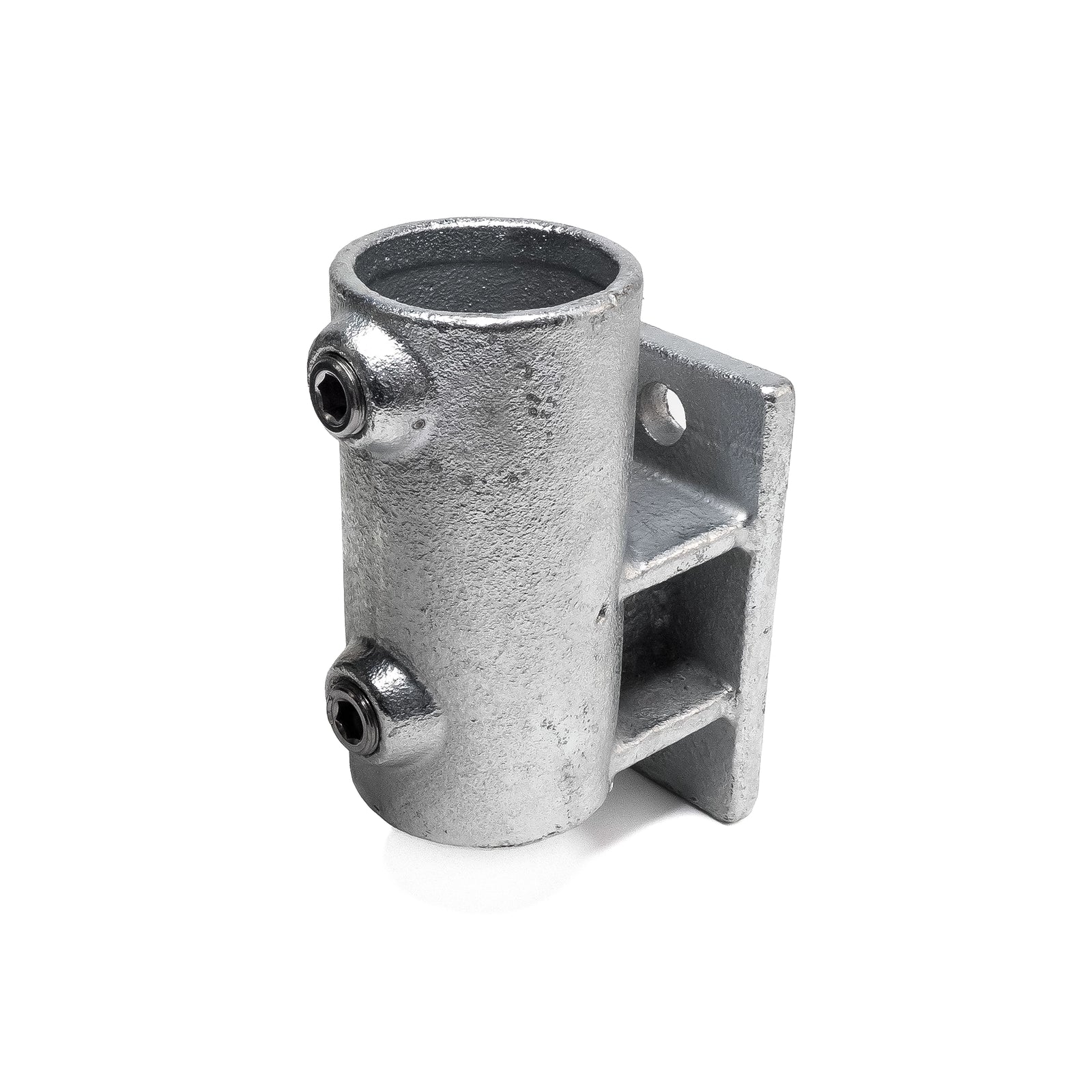 A silver-colored CopeRail 144 Side Vertical Flange, a modular handrail component designed for 48mm OD pipes. The metal fitting features a vertical mounting plate with pre-drilled holes for secure attachment to walls or surfaces.