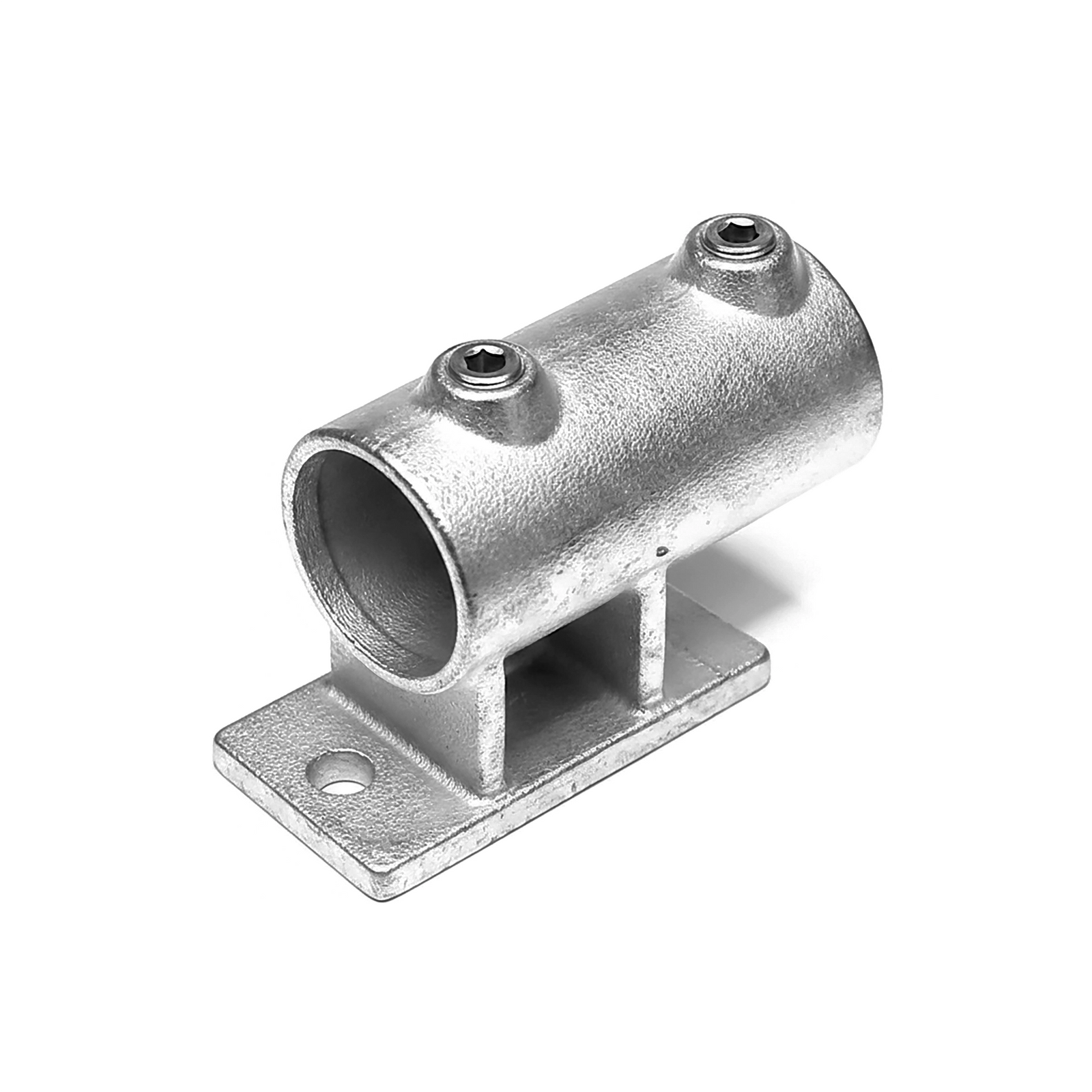 Australian-made CopeRail 144 Side Vertical Flange fitting. This modular component is used to secure double panels and 48mm pipes in warehouse pedestrian safety barriers without the need for welding.